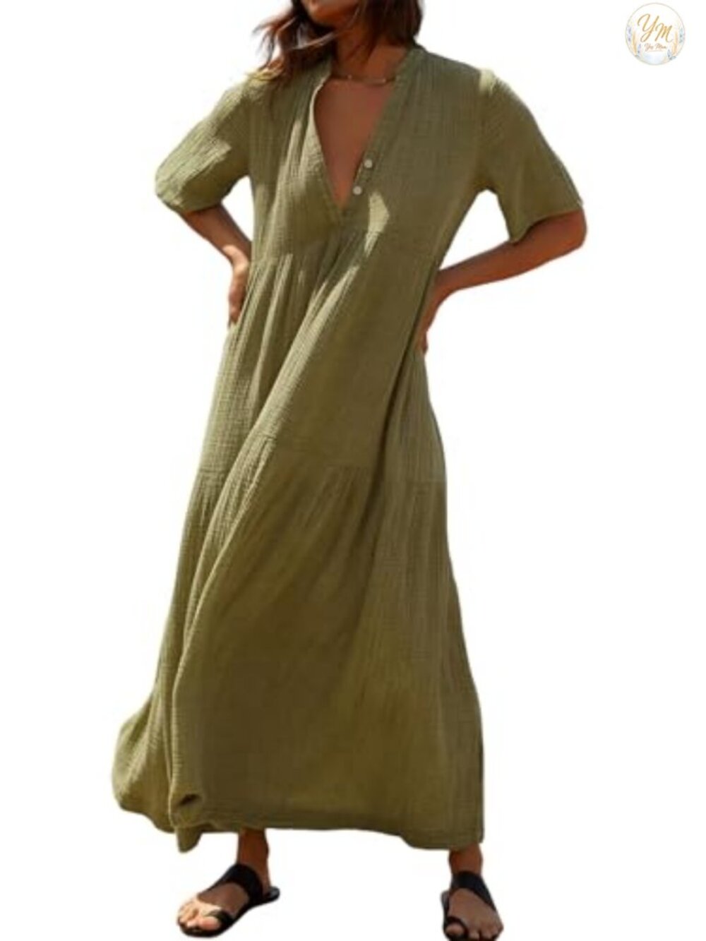 Boho Cotton Maxi Dress Short Sleeve V-Neck Flowy Ruffle